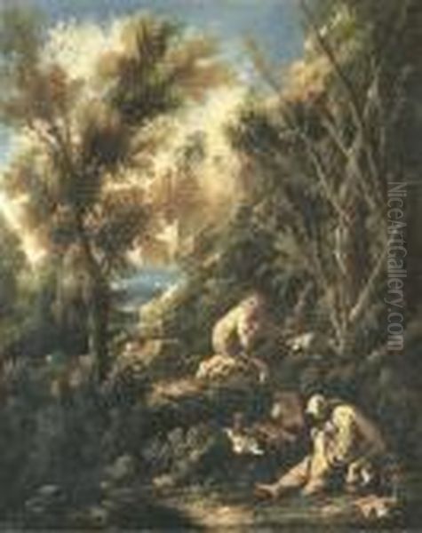 Two Monks Praying In A Landscape Oil Painting by Alessandro Magnasco