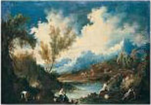 A Landscape With Figures By A River Oil Painting by Alessandro Magnasco