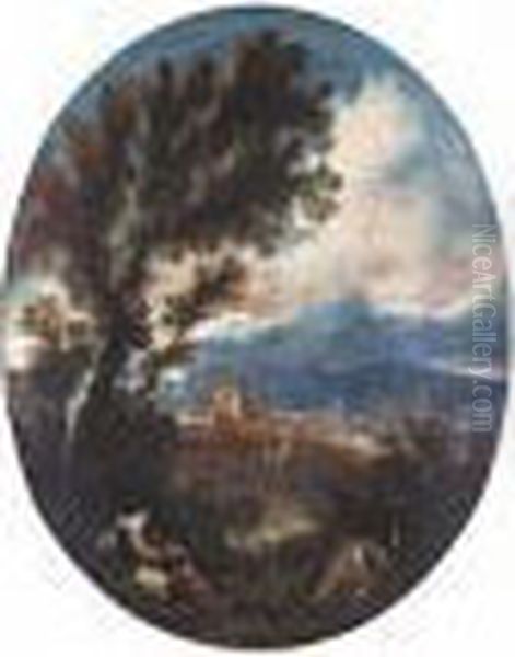 An Italianate Landscape With Travellers, With A Range Of Mountains Beyond Oil Painting by Alessandro Magnasco