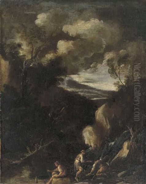 A Wooded Landscape With Figures Seated By A Waterfall Oil Painting by Alessandro Magnasco