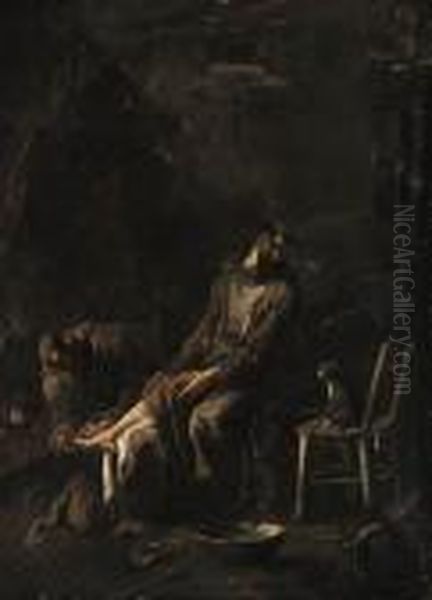 A Capuchin Friar Tending A Companion's Foot By A Fire Oil Painting by Alessandro Magnasco