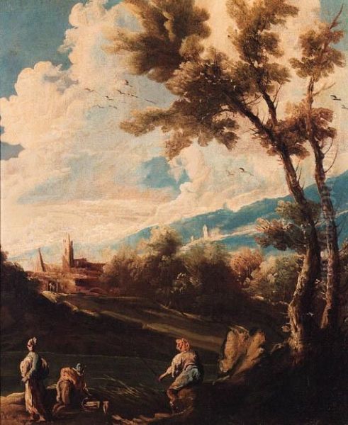 A Wooded River Landscape With An Angler And Washerwomen Oil Painting by Alessandro Magnasco