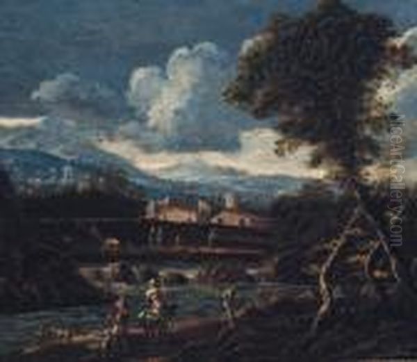 A River Landscape With Peasants On A Track, A Village And Mountainsbeyond Oil Painting by Alessandro Magnasco