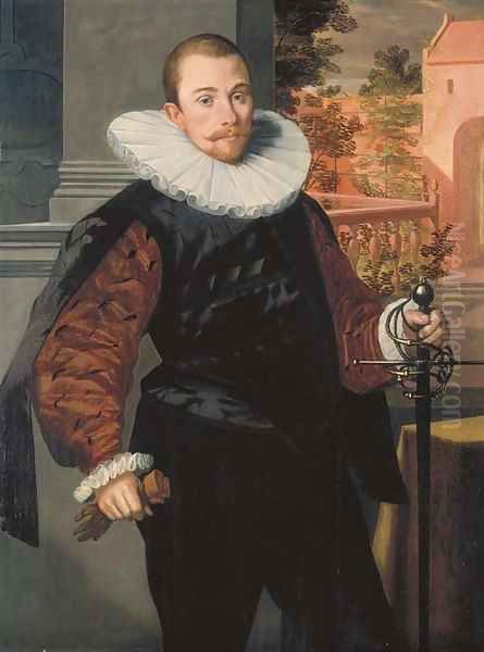 Portrait of Cornelis Jorisz. Roodhoorn (1564-1599), three-quarter-length, in a black slashed doublet with brown sleeves and a ruff Oil Painting by Pieter Pietersz