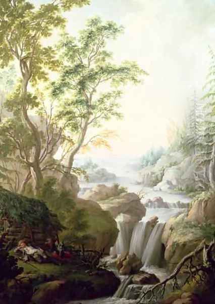 A Rocky Woodland Landscape with a Waterfall Oil Painting by Johan the Elder Pasch