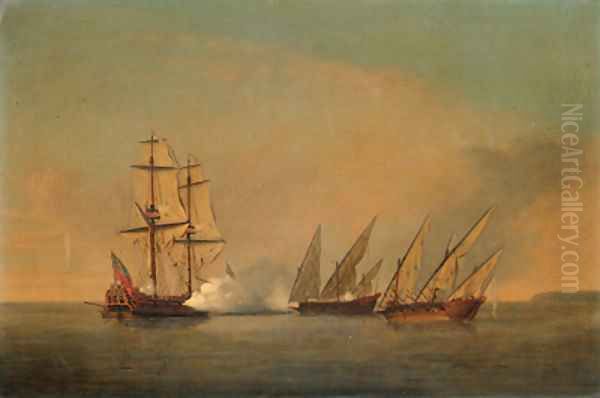 An English privateer in action with two armed French galleys in the Mediterranean Oil Painting by Richard Paton