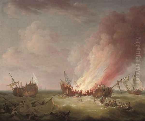 H.M.S. Quebec ablaze at the end of her epic struggle with the French frigate Surveillante, 6th October 1779 Oil Painting by Richard Paton