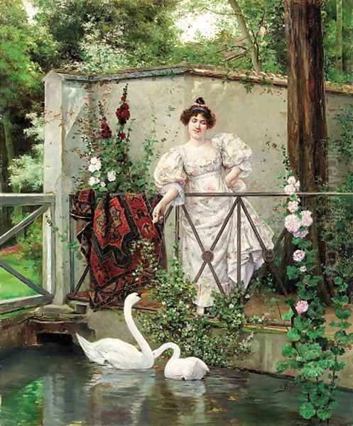 Feeding the swans Oil Painting by Clement Pujol de Guastavino