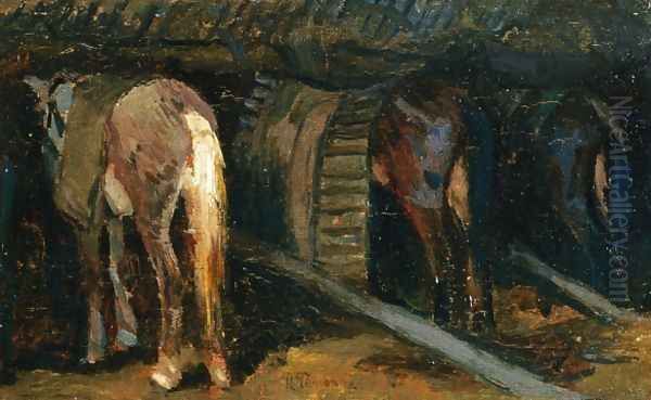 Horses in a Stable Oil Painting by Ruggero Panerai