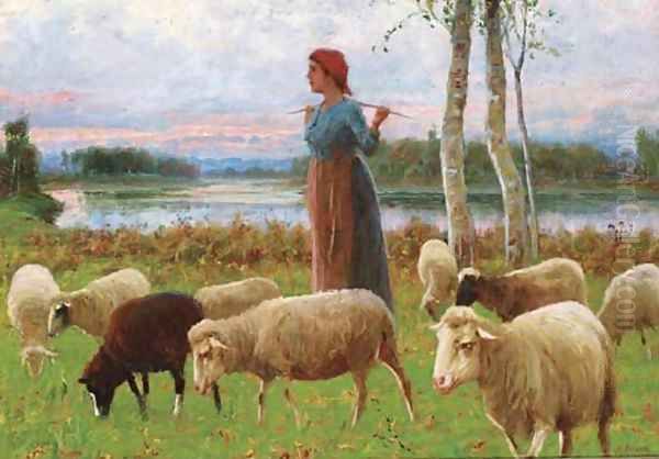 A shepherdess amongst her flock at dusk Oil Painting by Ruggero Panerai