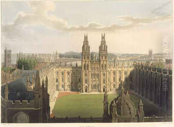 Exterior view of All Souls College, taken from the top of Radcliffe Library, illustration from the History of Oxford, engraved by J. Bluck fl.1791-1831 pub. by R. Ackermann, 1814 Oil Painting by Augustus Charles Pugin