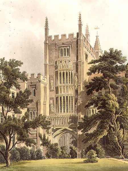 The Old Gate at Magdalen College, illustration from the History of Oxford Colleges, engraved by J. Bluck fl.1791-1831 pub. by R. Ackermann, 181 Oil Painting by Augustus Charles Pugin