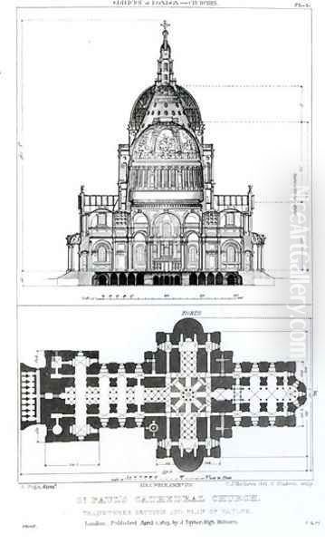 Cross section of St. Pauls Cathedral and plan of the vaults, engraved by C. J. Mathews and G. Gladwin, published in 1823 Oil Painting by Augustus Charles Pugin