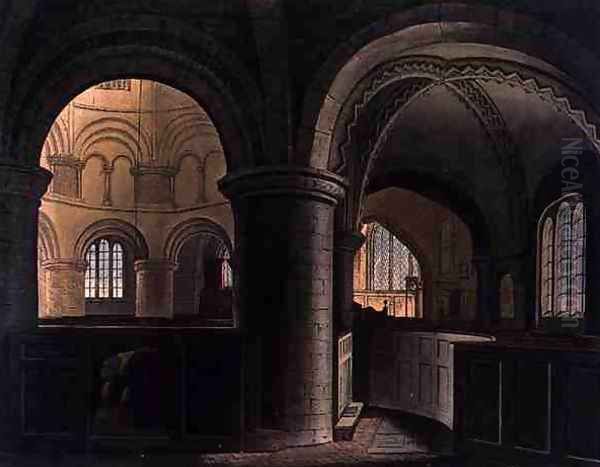 Interior of the Church of the Holy Sepulchre, Cambridge, from The History of Cambridge, engraved by J. Hill, pub. by R. Ackermann, 1815 Oil Painting by Augustus Charles Pugin