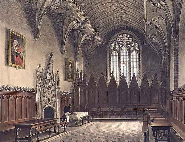 Interior view of the hall of University College, illustration from the History of Oxford, engraved by J. Hill, pub. by R. Ackermann, 1814 Oil Painting by Augustus Charles Pugin