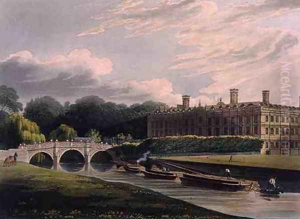 Exterior of Clare Hall, Cambridge, from The History of Cambridge, engraved by J. Bluck fl.1791-1831, pub. by R. Ackermann, 1815 Oil Painting by Augustus Charles Pugin