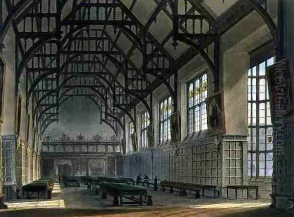 The Hall of Trinity College, Cambridge, from The History of Cambridge, engraved by J. Bluck fl.1791-1831, pub. by R. Ackermann, 1815 Oil Painting by Augustus Charles Pugin