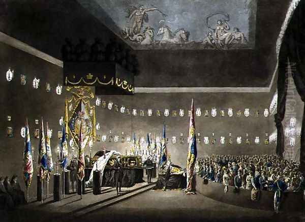 Remains of Lord Viscount Nelson Laying in State in the Painted Chamber at Greenwich Hospital, engraved by J. Merigot, pub. 1806 Oil Painting by Augustus Charles Pugin