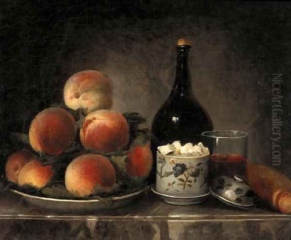 Peaches on a Plate, a Sugar Bowl, a Glass of Wine, a Bottle and a Baguette on a marble Ledge Oil Painting by Henri-Horace Roland de la Porte