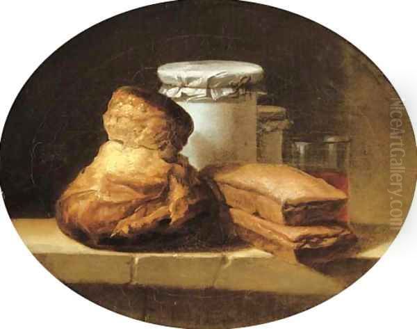 A brioche, two pastries, two covered jars and a glass of red wine on a stone ledge Oil Painting by Henri-Horace Roland de la Porte