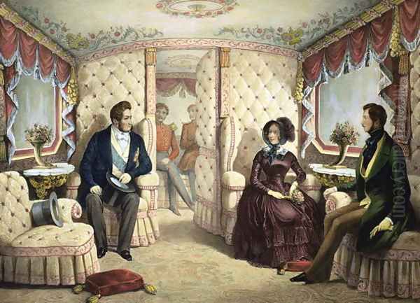 Interior of the Queens Railway Carriage, engraved by Jules David 1808-92, c.1844 Oil Painting by Edouard Pingret