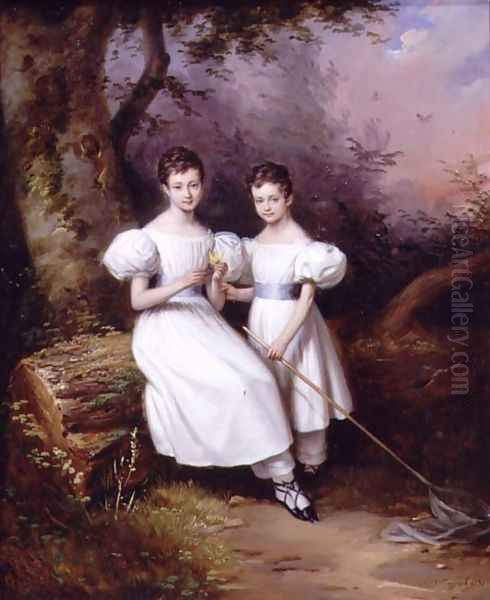 Portrait of Two Children, 1831 Oil Painting by Edouard Pingret