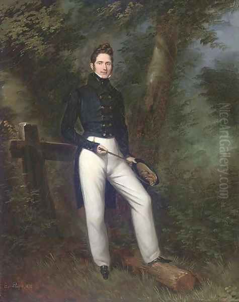 A gentleman at a forest stile Oil Painting by Edouard Pingret