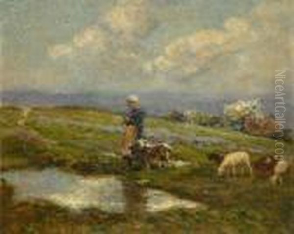 Bergere Et Ses Moutons Pres D'une Mare Oil Painting by Fernand Maillaud