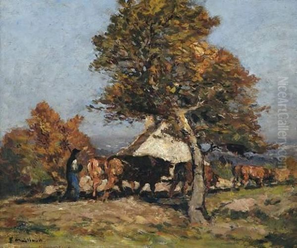 Paysan Suivant Son Troupeau De Vaches by Fernand Maillaud