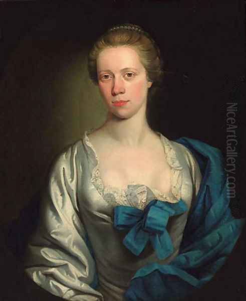 Portrait of a lady, half-length, in a white dress trimmed with lace, with a blue shawl, feigned oval Oil Painting by Henry Pickering