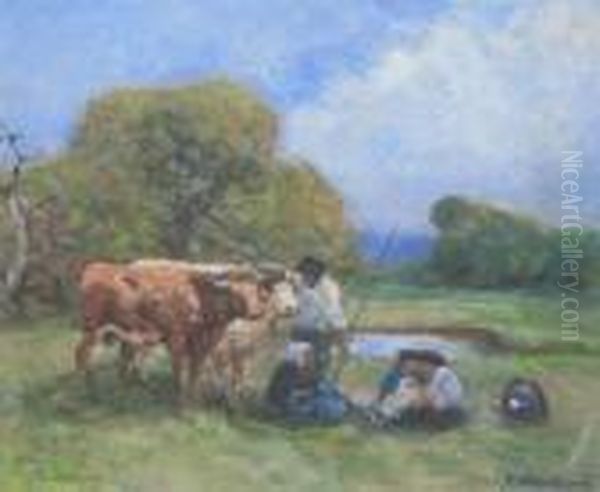  Repos De La Famille Pres Des Boeufs Aux Champs  Oil Painting by Fernand Maillaud