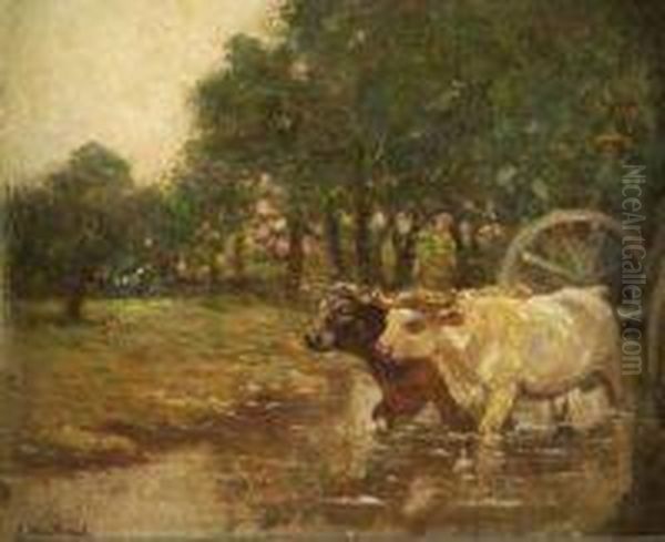 Fernand Maillaud . Ox Cart Fording A Stream Oil Painting by Fernand Maillaud