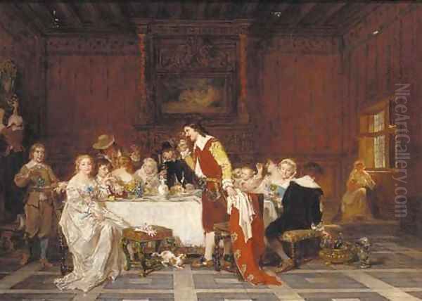 Elegant figures dining in an interior Oil Painting by Antoine Emile Plassan