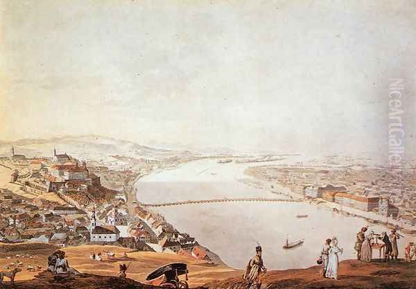 View of Pest-Buda from the Gellerthegy 1817 Oil Painting by Andras Petrich