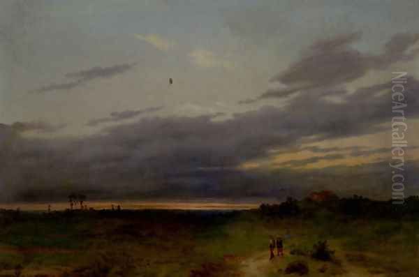 Sunset Landscape With Two Figures On A Track Oil Painting by Carlo Piacenza