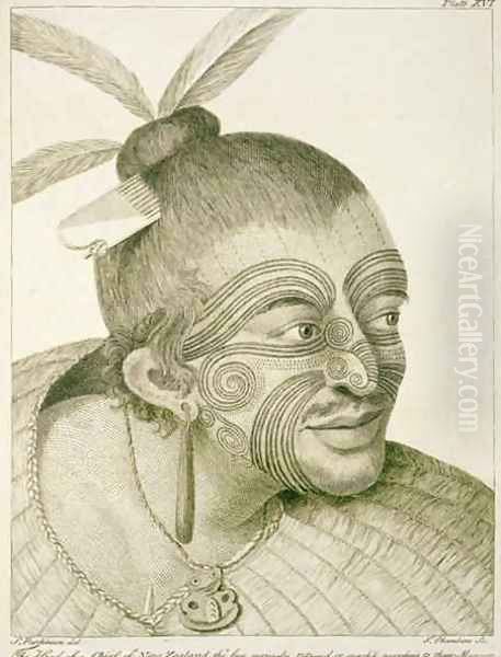 The head of a chief of New Zealand, the face curiously tataow'd, or marked according to their manner. From Journal of a Voyage to the South Seas, 1784 Oil Painting by Sydney Parkinson