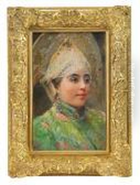 Portrait Of A Girl Wearing A Kokoshnik Oil Painting by Konstantin Egorovich Egorovich Makovsky