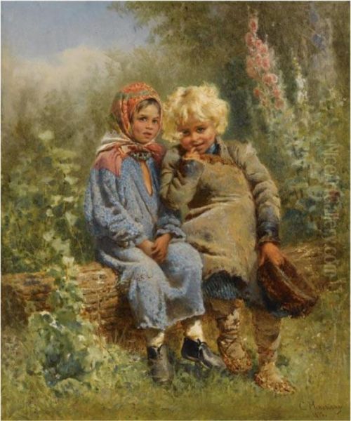 Peasant Children At Rest Oil Painting by Konstantin Egorovich Egorovich Makovsky