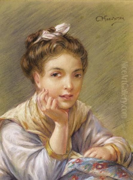 Portrait A Young Woman Oil Painting by Konstantin Egorovich Egorovich Makovsky