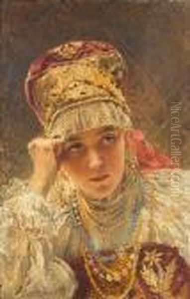 A Young Boyarina Oil Painting by Konstantin Egorovich Egorovich Makovsky