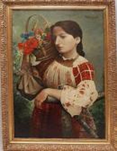 Lady With Basket Of Flowers Oil Painting by Konstantin Egorovich Egorovich Makovsky