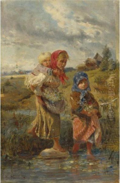 Children Crossing A Brook Oil Painting by Konstantin Egorovich Egorovich Makovsky