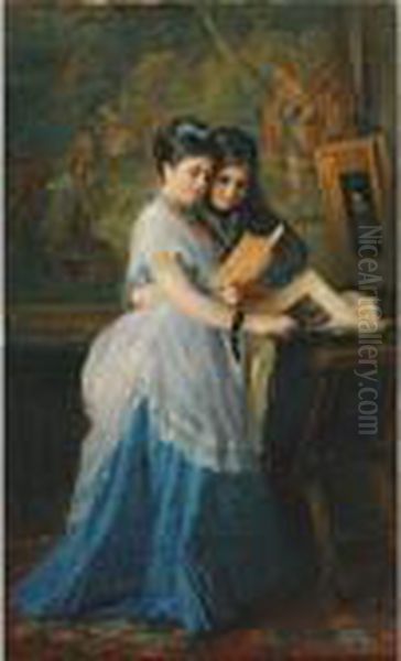 Two Ladies Looking At Prints Oil Painting by Konstantin Egorovich Egorovich Makovsky