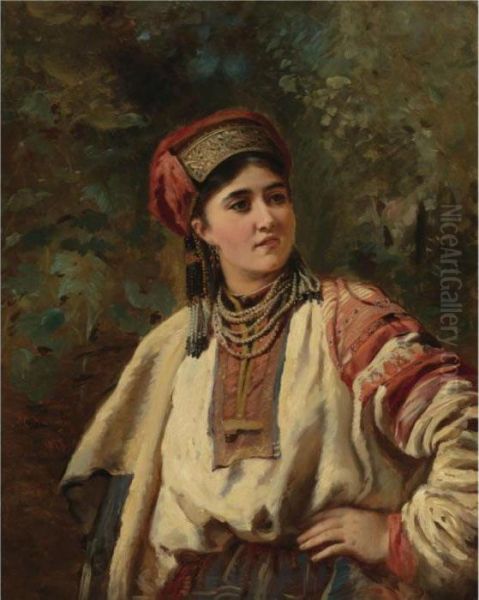 Girl In A National Costume Oil Painting by Konstantin Egorovich Egorovich Makovsky