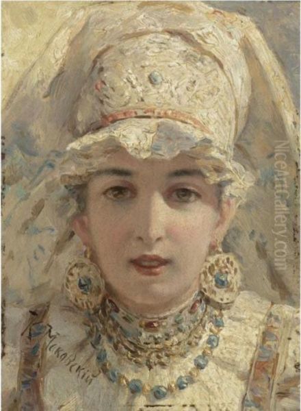 Portrait Of A Young Boyarina Oil Painting by Konstantin Egorovich Egorovich Makovsky