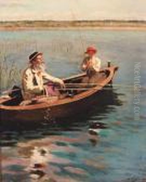 Fishing On A Lake On A Summer's Day Oil Painting by Konstantin Egorovich Egorovich Makovsky