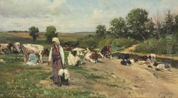 Herd By The River Oil Painting by Vladimir Egorovic Makovsky