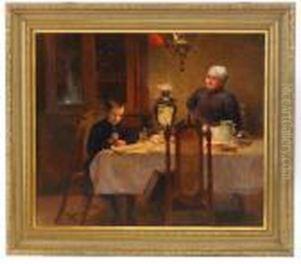 Interior With Boy And Old Woman Drinking Tea Oil Painting by Vladimir Egorovic Makovsky