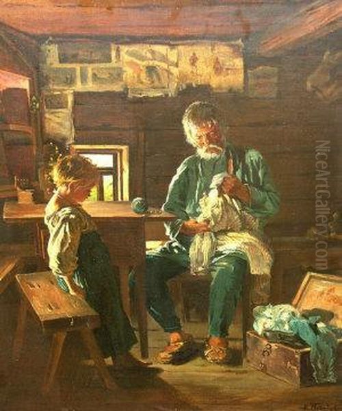 Portrait Of An Old Man With A Child In A Workshop Interior Oil Painting by Vladimir Egorovic Makovsky