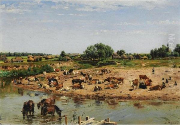 Cattle By The River Oil Painting by Vladimir Egorovic Makovsky